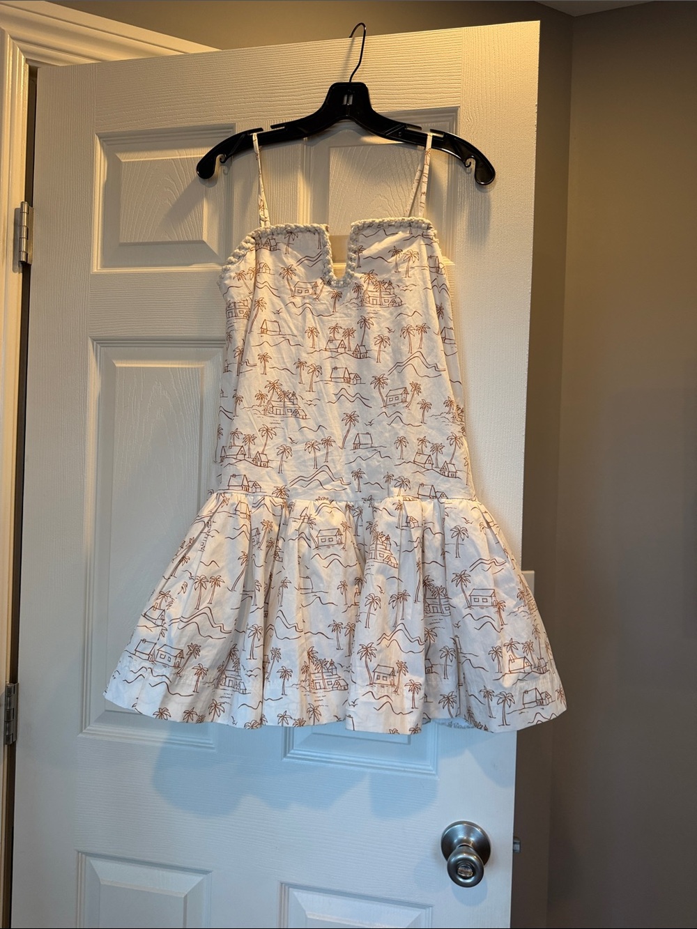 White Mini Sundress with Tan Island Print